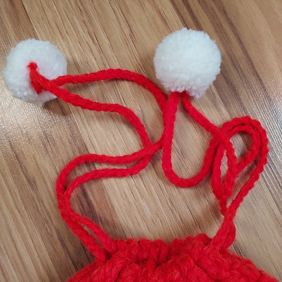 Vintage Handmade Crochet Knit Santa Face Purse Bag Sack Pom Pom Drawstring Red - Picture 6 of 8